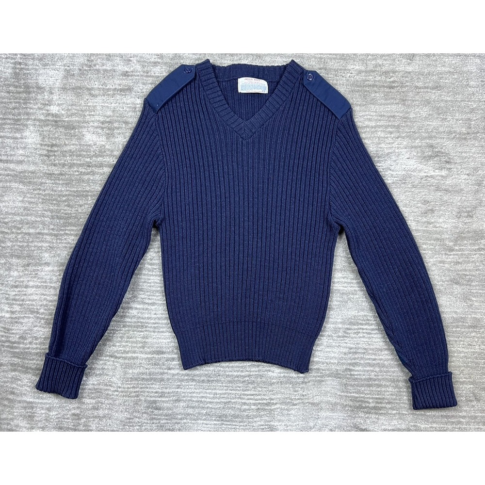 Iron Run Sweater Mens 40 Blue Virgin Wool Military‎ Commando V-Neck Ribbed USA